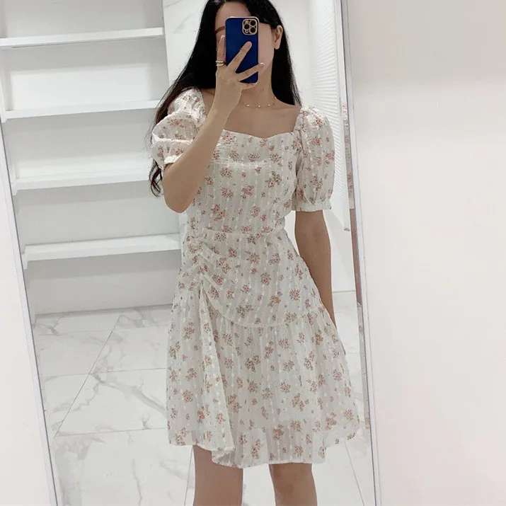 Floral Print Puff Sve Dr A-Line  Skirt Slimming Gathered Waist Summer Commute Sle ort Sve Square Ne Polyes...