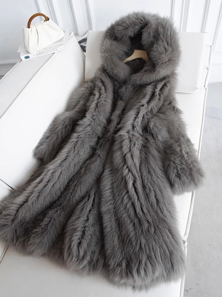 겨울 여성용 오버사이즈 롱 리얼 폭스 퍼 재킷 우아한 여성 파티용 플러피 오버코트 신상 디자이너 따뜻한 루즈핏 후드 아우터웨어