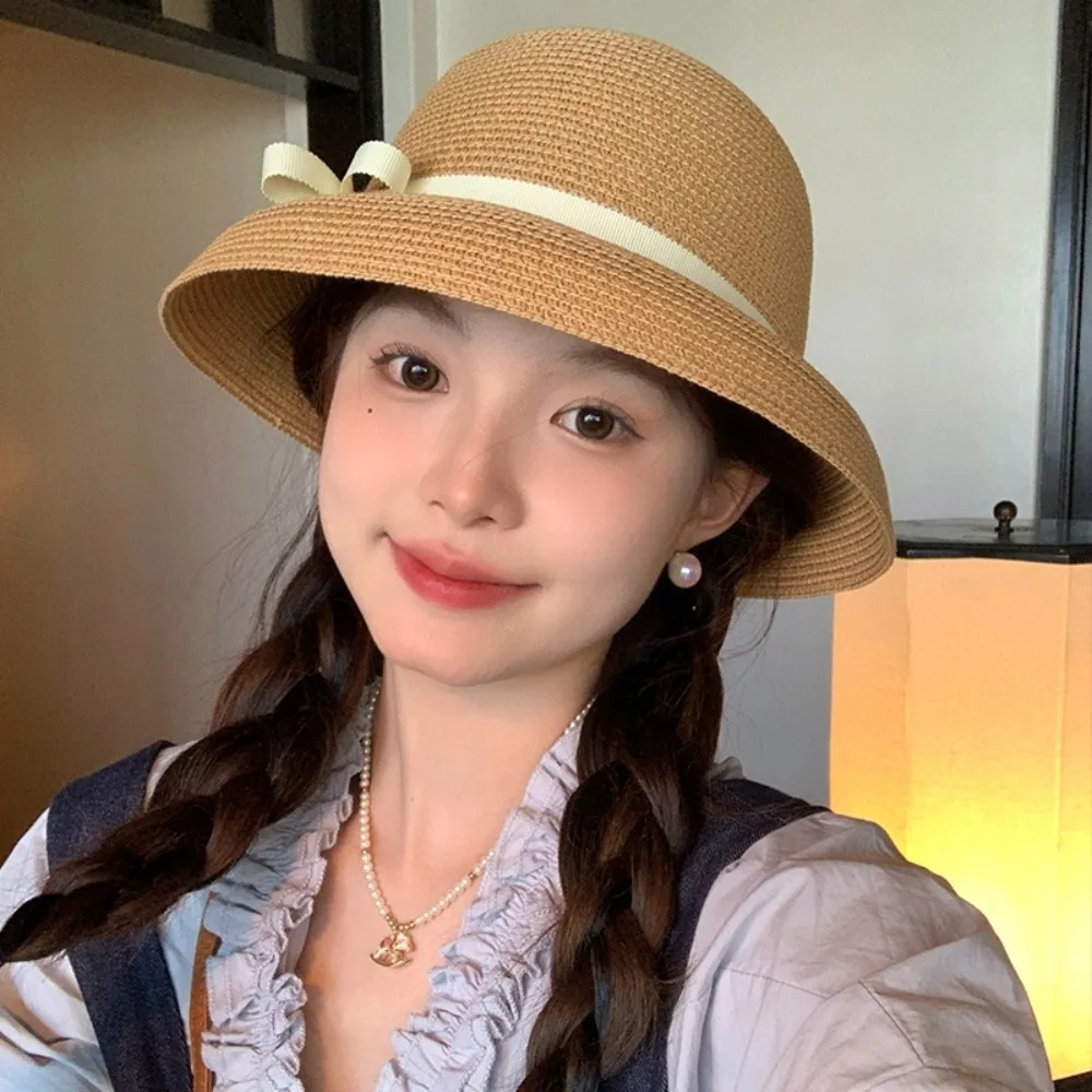 

Ins French Bow Straw Cap Beach Hepburn Weaving Cap Vacation Big Brimmed Bucket Sun Hat Ladies