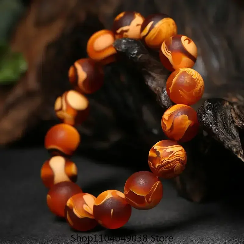Old Beeswax Tiger Skin Pattern Hand String Men Bracelets Amber Demon Flower Wax Round Bead Single Circle Bracelet Buddha Beads