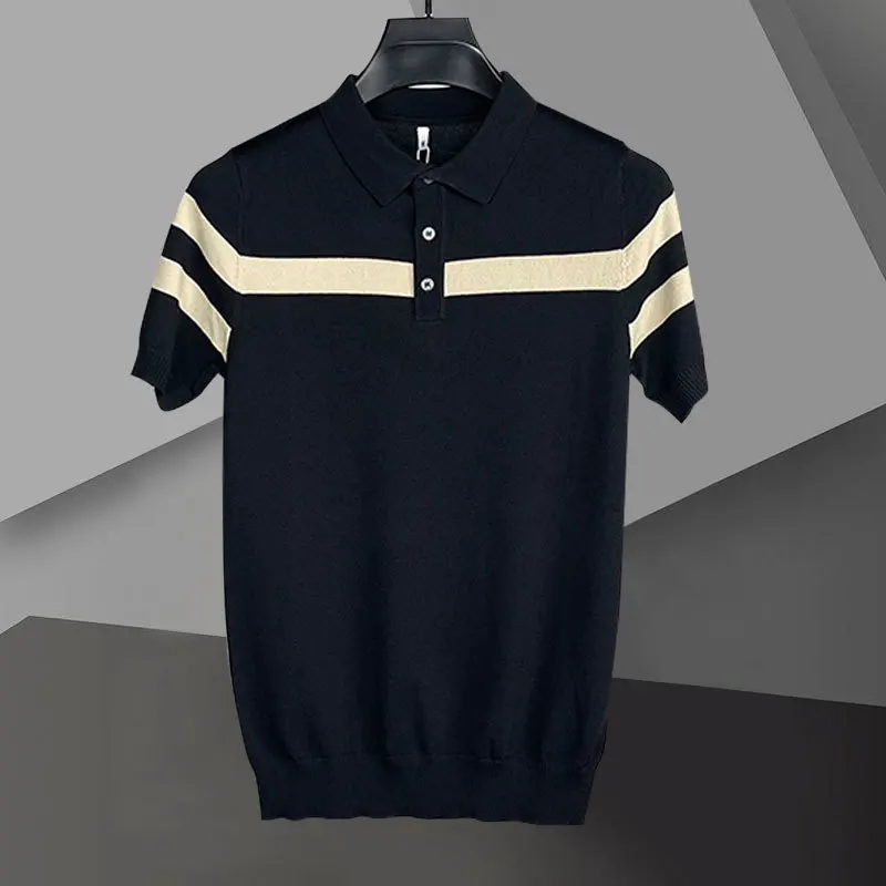 Quality Knitted Top Stripe Color Matching Knitted Polo Shirt Summer Personalized Contrast Stitching Lapel Short Sleeve Tshirt