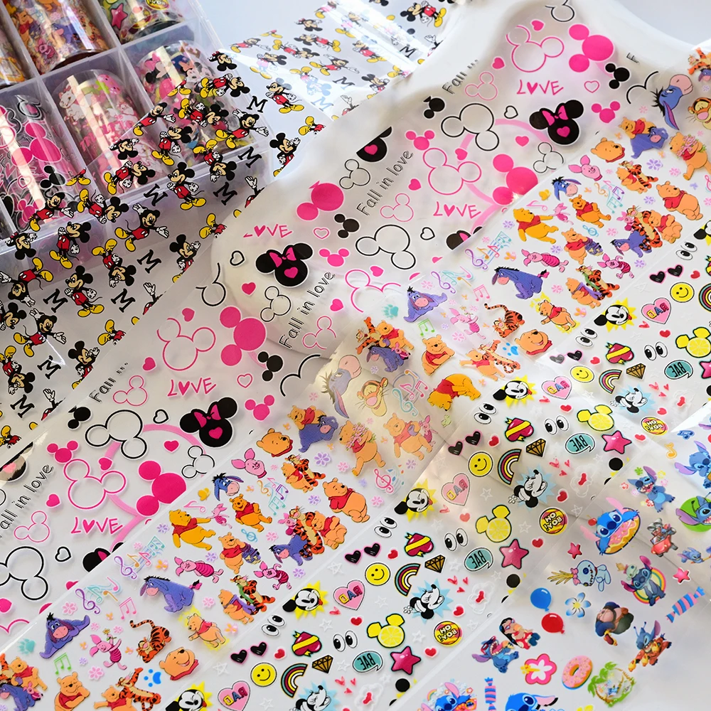10 롤 만화 미키 마우스 네일 전송 스티커 4*100cm 스티치 도널드 덕 위니 베어 귀여운 네일 전송 인쇄 슬라이더