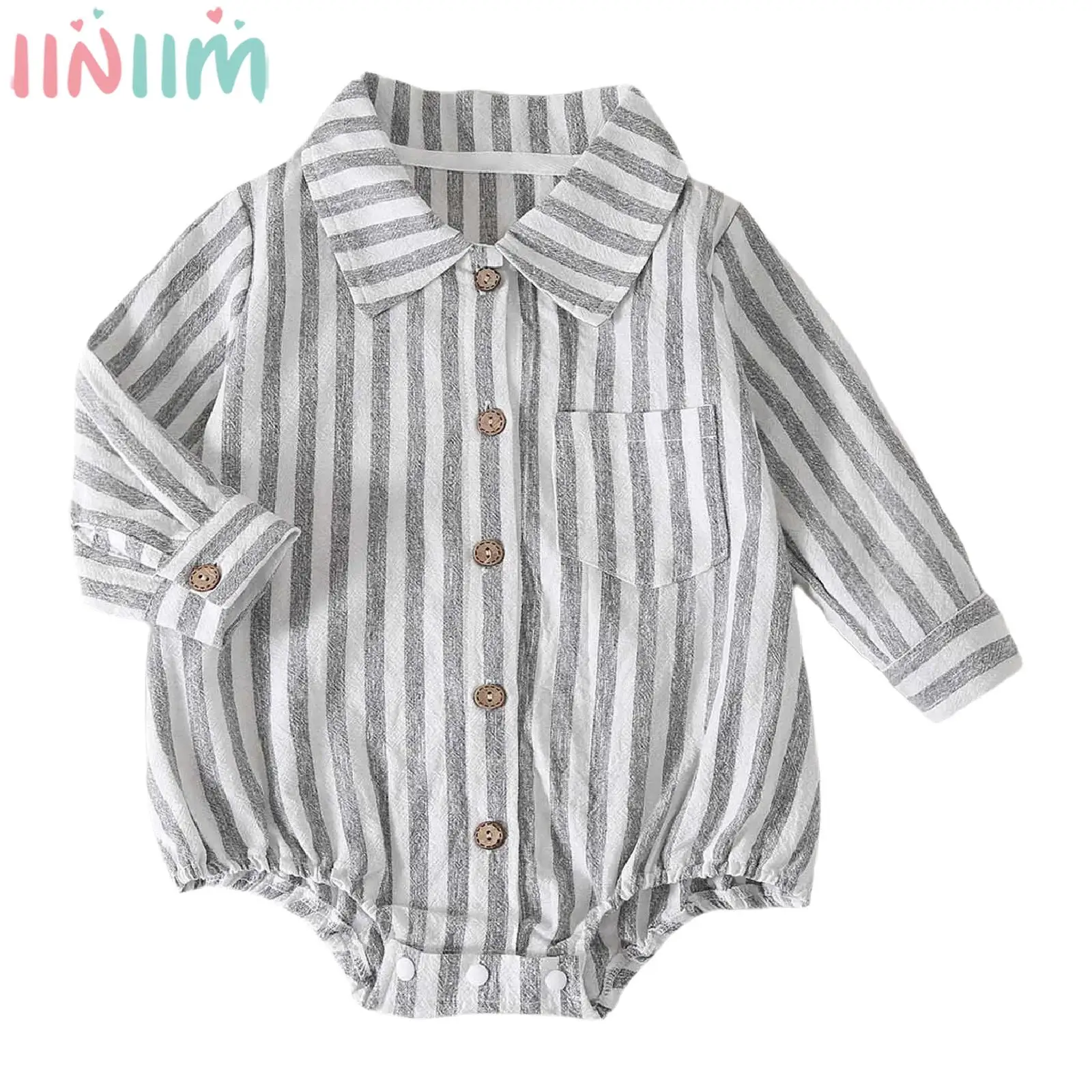 

Newborn Baby Boys Fashion Casual Shirt Rompers Long Sleeve Lapel Striped Bodysuit Baptism Wedding Party Photo Shoot Costume