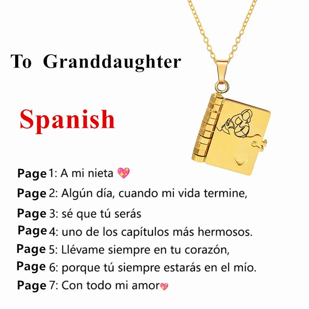Fashion Spanish Book Pendant Necklace Stainless Steel Engraved Son Openable Pages Necklaces Inspirational Jewelry