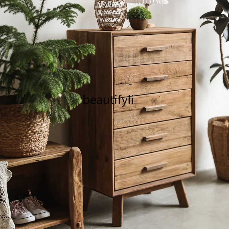 Wood Artistic Chest of Drawers Old Pine Living Room Storage Cabinet Retro Wall Solid Wood Storage Cabinet