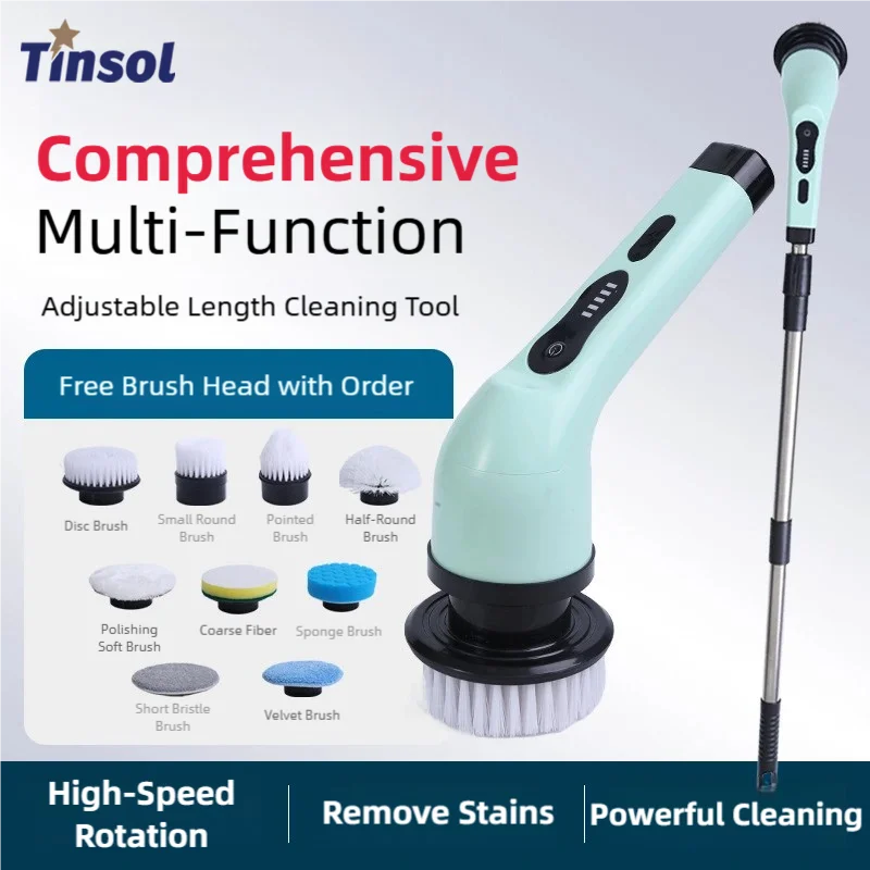 

Многофункциональная электрическая щетка для уборки TINSOL 9-в-1 с регулируемой выдвижной ручкой, подходит для кухонных плиток и полов