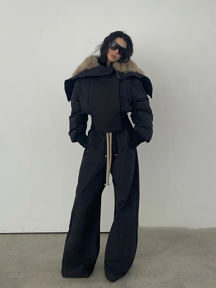 

Зимний короткий пуховик с натуральным большим меховым воротником, женская теплая хлопковая стеганая куртка с большими лацканами, женская однотонная повседневная верхняя одежда на молнии