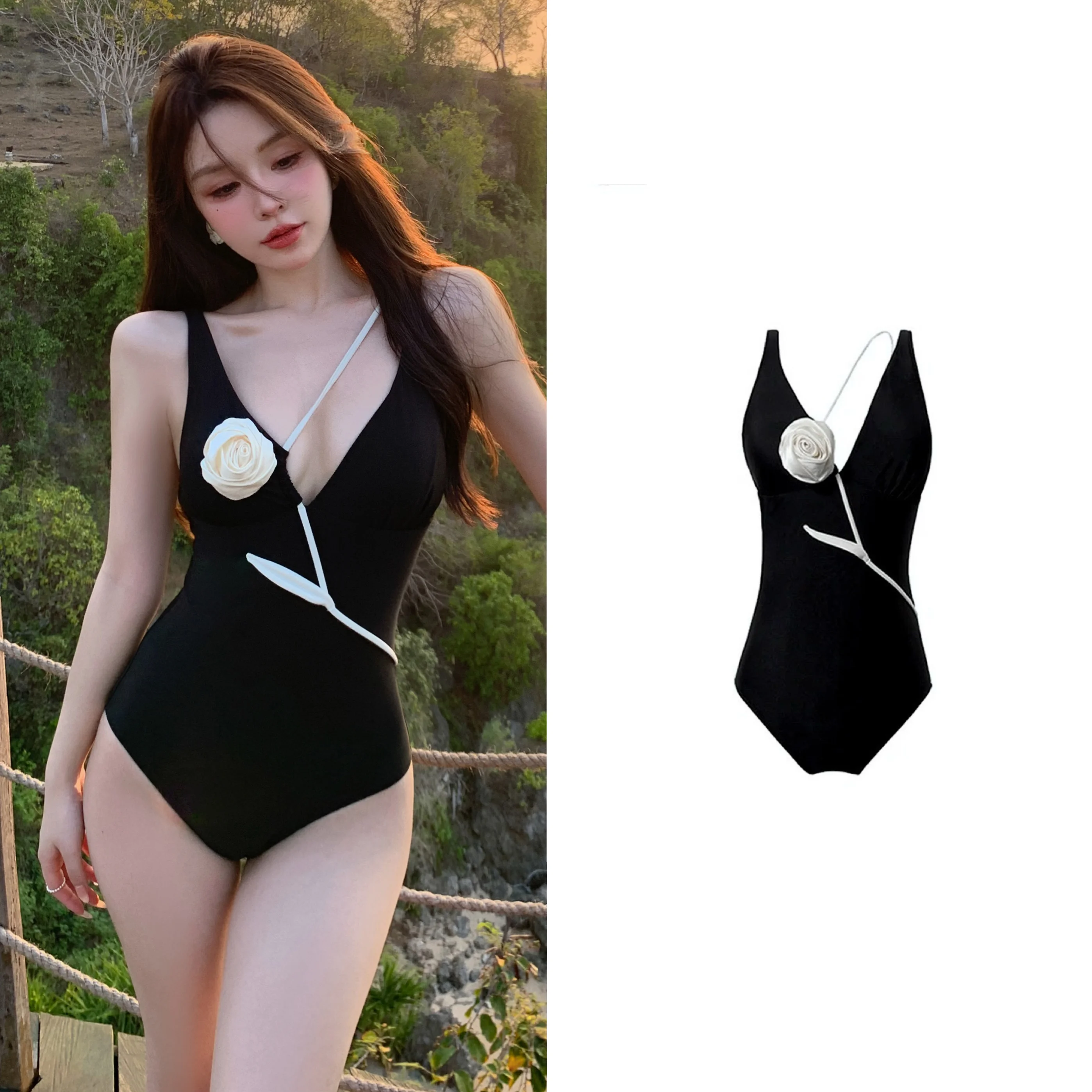 

Retro Rose Print One-Piece Swimsuit Women's Sexy Vaion Hot Spring Bathing Suit Pure Desire Sle Medium Stretch Fabric