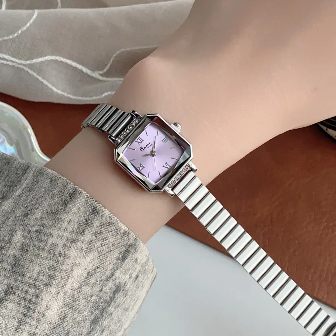 Reloj de cuarzo plateado de lujo para mujer, reloj de pulsera cuadrado de acero inoxidable con esfera pequeña y correa de bambú para chica y estudiante, envío directo