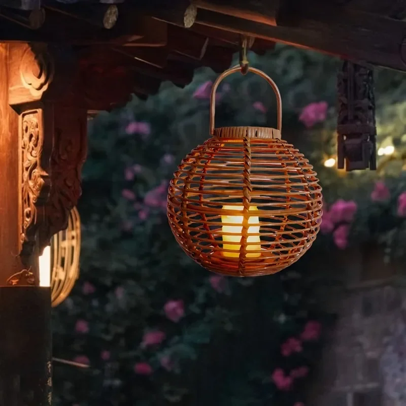 

Handmade Retro Circular Rattan Hanging Basket Lampshade - Solar Landscape Lights, Decorative for Indoor and Outdoor Home Use