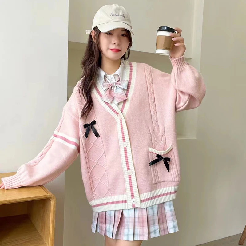 Pink Sweet Women Cardigan Korean Bow Knitted Long Sleeve Female Sweater Jk Preppy Style New Kawaii V Neck Ladies Casual Coats