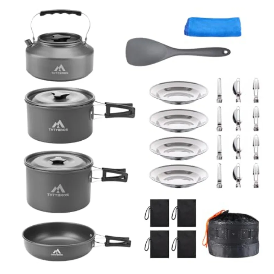 

27pcs Camping Cookware Set for 2-4 People Portable Stainless Steel Mess Kit with Kettle Pots Pans Utensils Plates Dishware in B