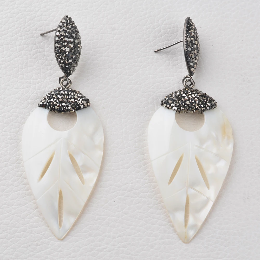 Natural Pinctada Maxima White Mother-of-pearl CZ pave Shining Leaf Earrings Special Grace Gift for Girl Women