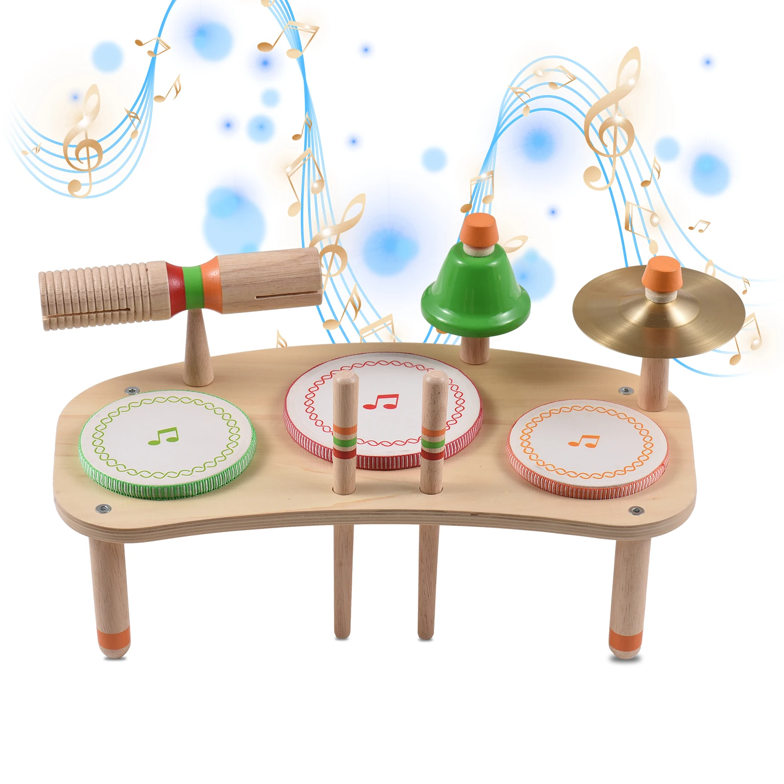 Drum Set 7-in-1 Desktop Drum Portable Detachable Drum Kits Percussion Instrument Natural Wood Smooth Burrless for Christmas Gift