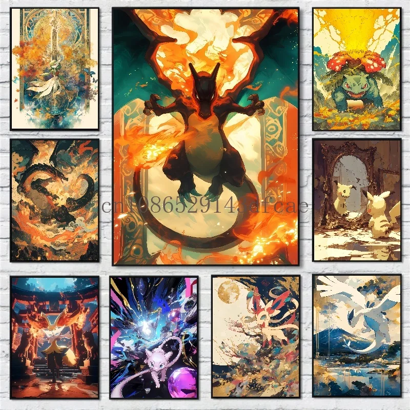 

Pokemon Cartoon Anime Canvas Painting Charizard Eevee Lugia Poster Print Mural Picture Wall Art Children Room Decor Gifts