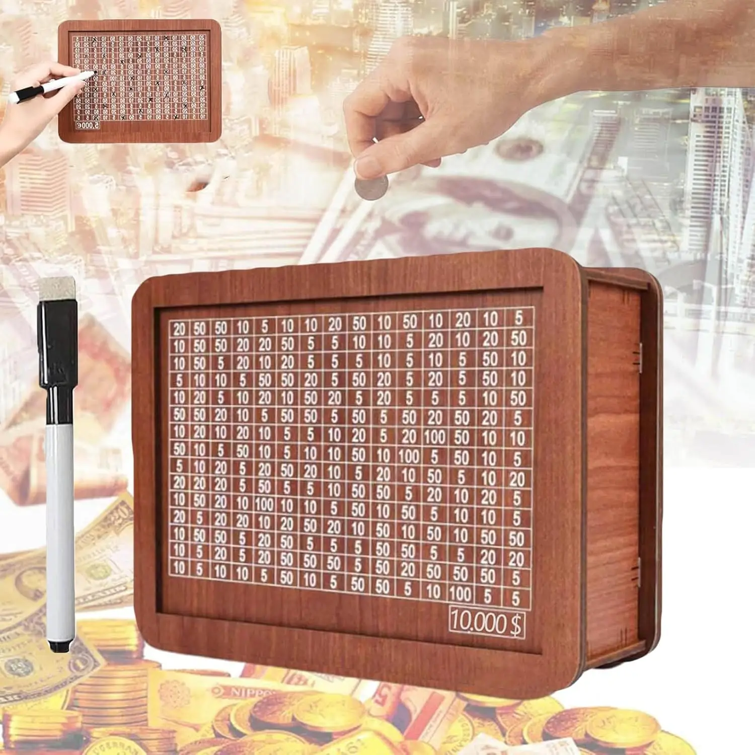 Spardose, Bargeldsparbox, 10.000 Sparen, Herausforderung, Geldbank mit Zahlen, Zecken, Retro-Münzsparbox mit Ziel