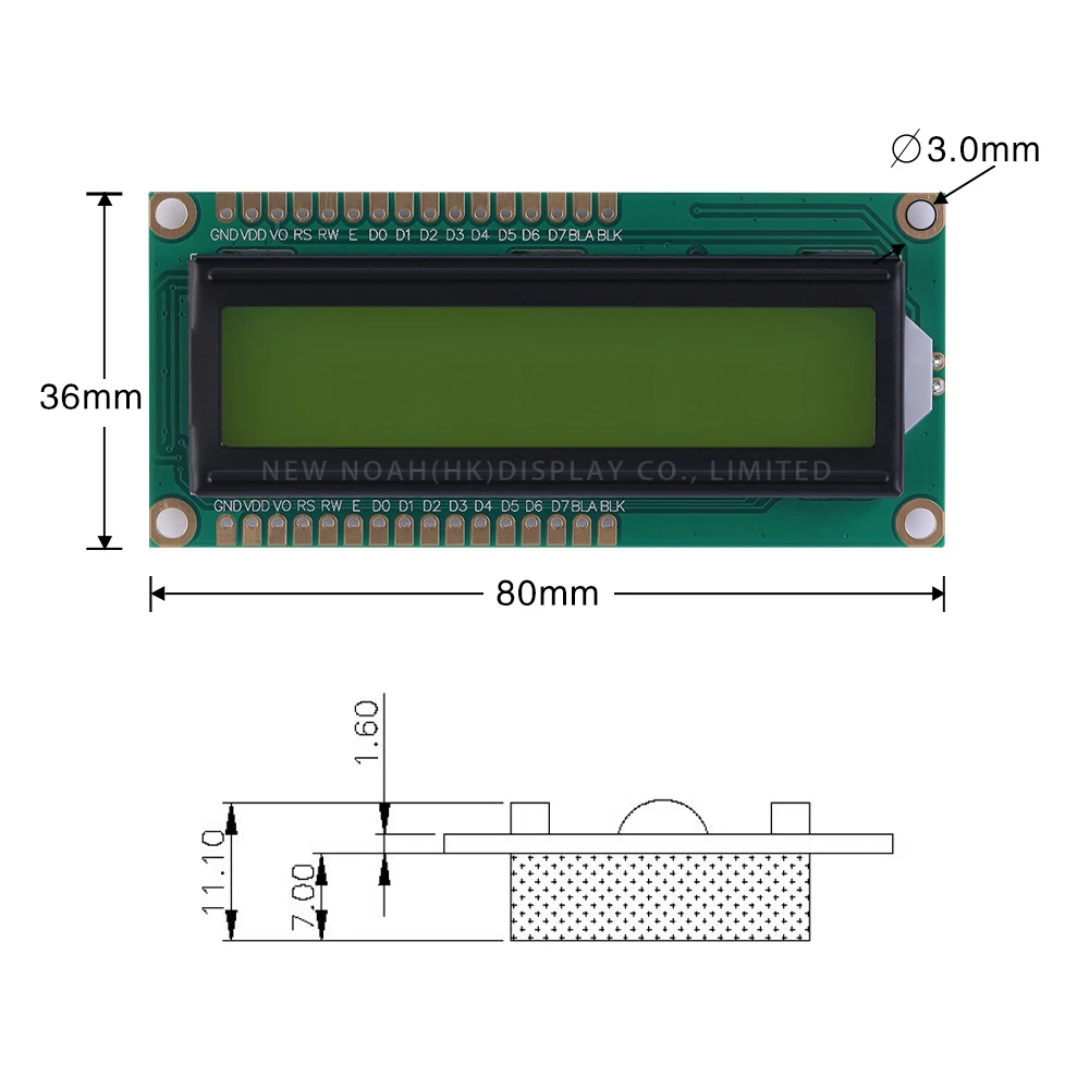 Película verde amarilla 1602A-13 pantalla LCD de caracteres 02*16 LCD 16 PIN 5V controlador ST7066U 80*36*11,1 Mm soporte de desarrollo de esquema