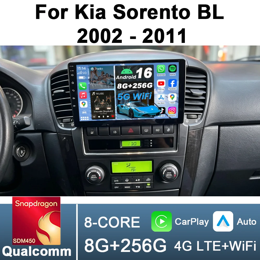 2Din 9inch CarPlay Android Auto Car Radio for Kia Sorento BL 2002 - 2011 Multimedia Navigation GPS RDS DSP 4G BT Qualcomm 8 Core