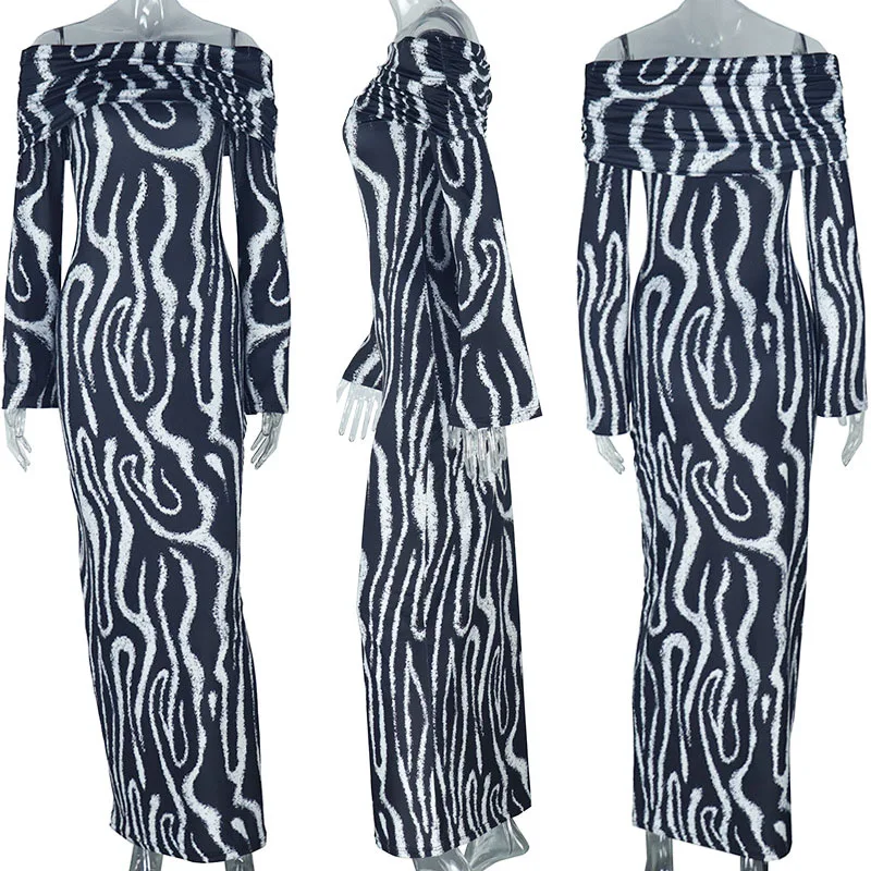 أسود أبيض مخطط مطبوعة Ruched Bodycon فستان ماكسي المرأة أنيقة ليلة نادي حفلة قبالة الكتف كم طويل فساتين لحضور الحفلات الموسيقية