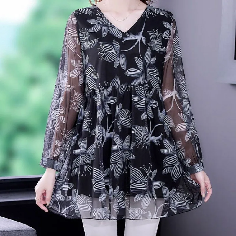 Women\'s Spring Autumn Fashion Elegant Solid V-Neck Pullover Chiffon Lace Temperament Versatile Long Sleeve Loose Mid Length Tops