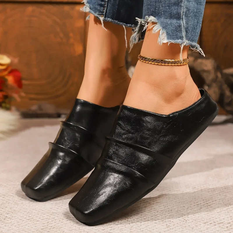 

Women Slingback Mules Slippers Autumn Designer Flats Women Shoes Walking Fashion Dress Slides Square-toed Zapatillas De Mujer