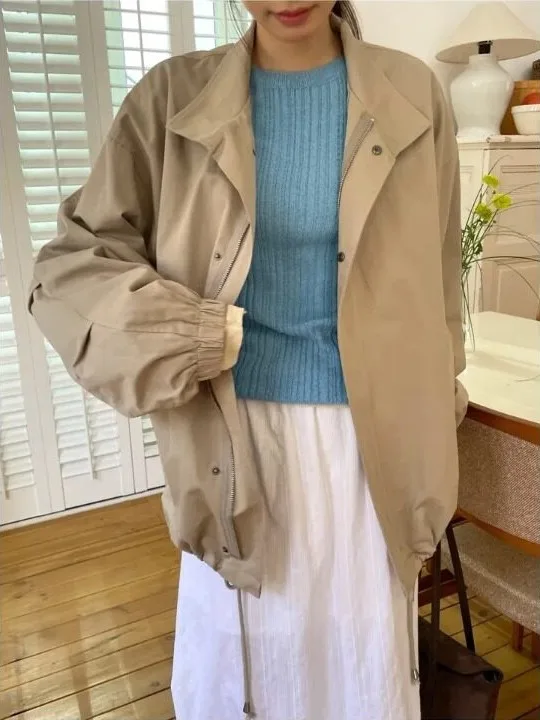 Retro Chic Workwear Jacket Women's Drawstring Waist Design Sense Autumn Spring Fashionable Versatile Windbreaker Korean Style
