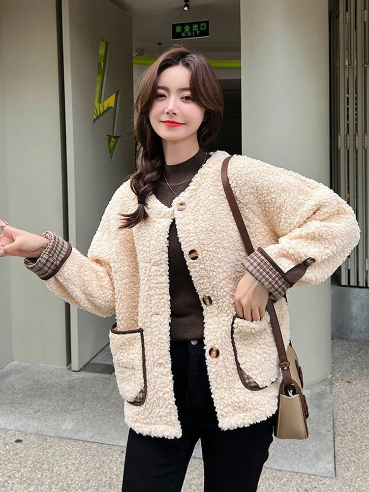 

Зимнее милое пальто из искусственного ягненка, женское винтажное пальто с круглым вырезом и карманами, милая куртка в корейском стиле, повседневная женская теплая верхняя одежда с длинными рукавами