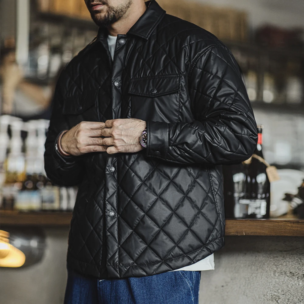 Maden Retro Quilted Diamond Grid Jacket Loose Fit Cotton-padded Coat Collar Warm Versatile Men\'s Outerwear for Autumn and Winter