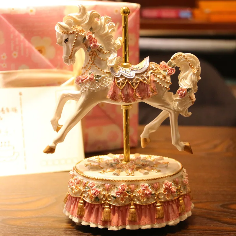 Carousel Music Box 10x14.5cm Pink Cartoon Music Box. Christmas Birthday Gifts for Girls and Kids Handmade Relief Ornaments