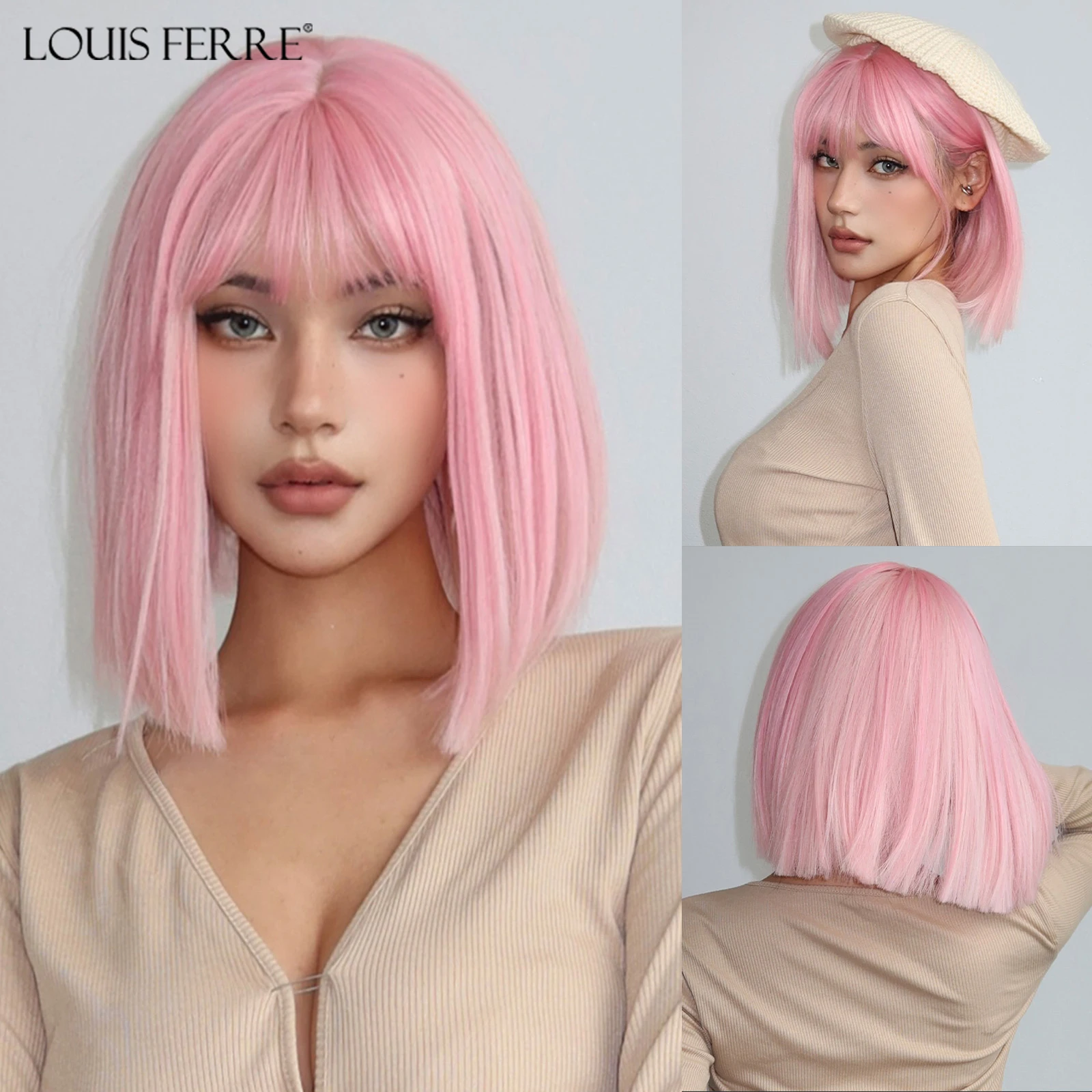 LOUIS FERRE Short Pink Straight Hair Synthetic Wigs for Women Natural Fake Hair With Bangs for Daily Use Lolita Heat Resistant