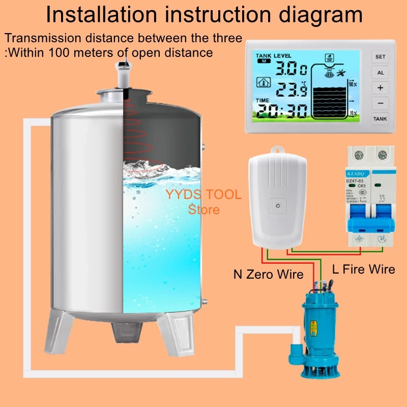 Ultrasonic level meter digital tank water level meter low water pump automatic filling monitor solar charging