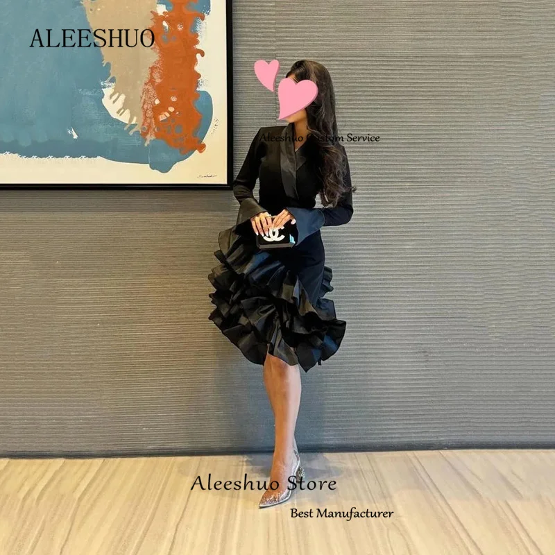 Aleeshuo Modern Black Mermaid Satin Prom Dress Simple Long Sleeves V-Neck Evening Dress Knee-Length Tiered Vestidos Customized