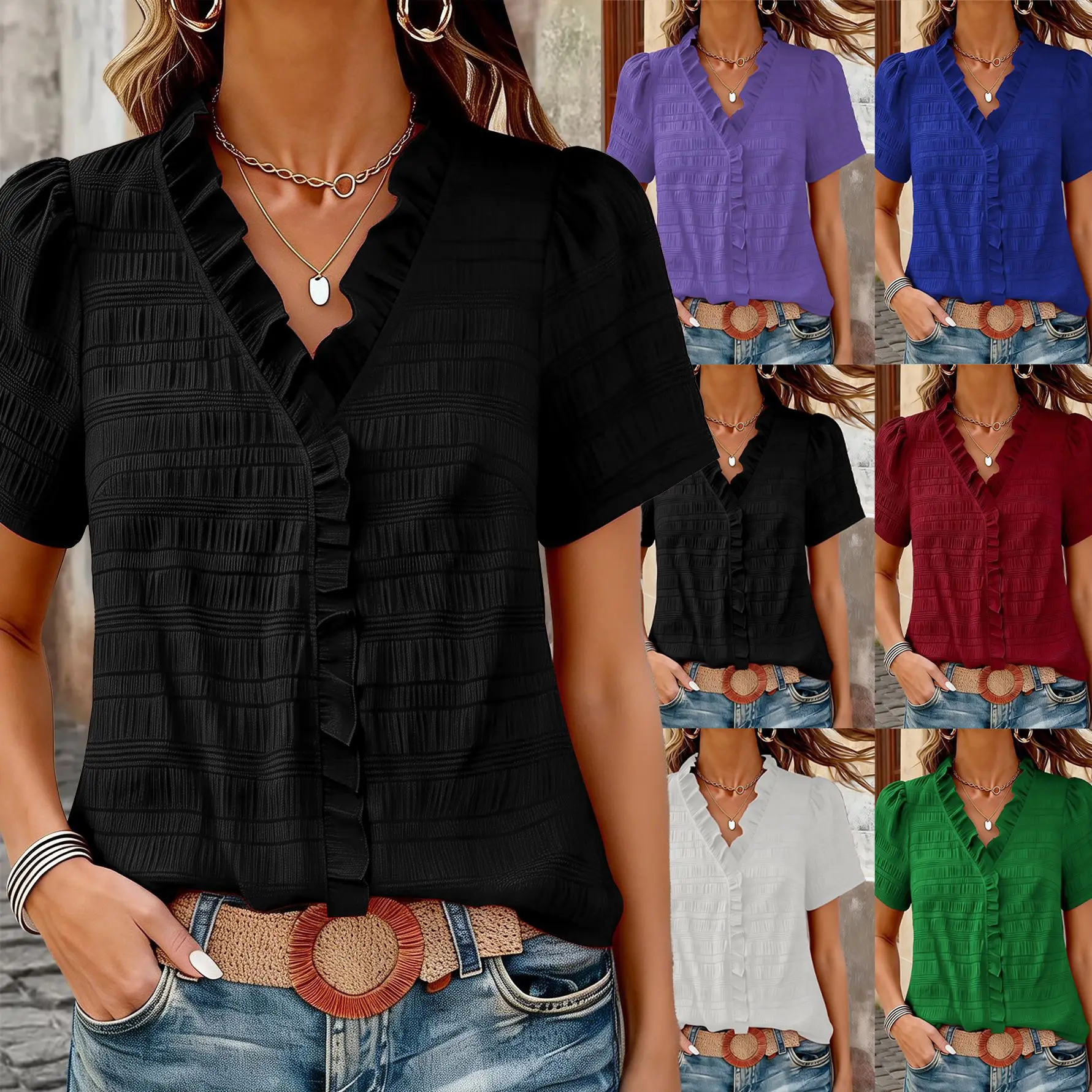

New 2026 Summer Women's Shirts Fashion Ruffles Solid Color Puff Short Sleeve Blouses Casual Loose V-Neck Ladies Pullovers Tops