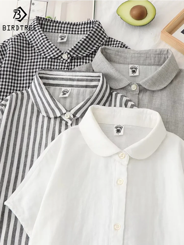 Summer Double Layer Cotton Thin White Shirts Female Short Sleeve Tops Round Collar Solid Colors Loose Blouse New 2023 T35428M