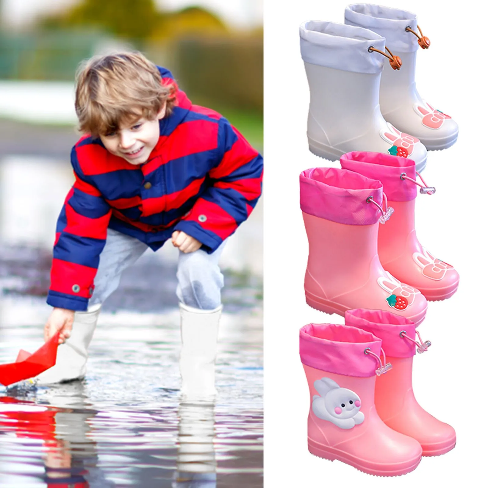 Toddler Kids Rain Boots Waterproof Non-Slip Children Rubber Shoe Cartoon Cute Rabbit Boys Girl Baby Middle Tube Water Shoes