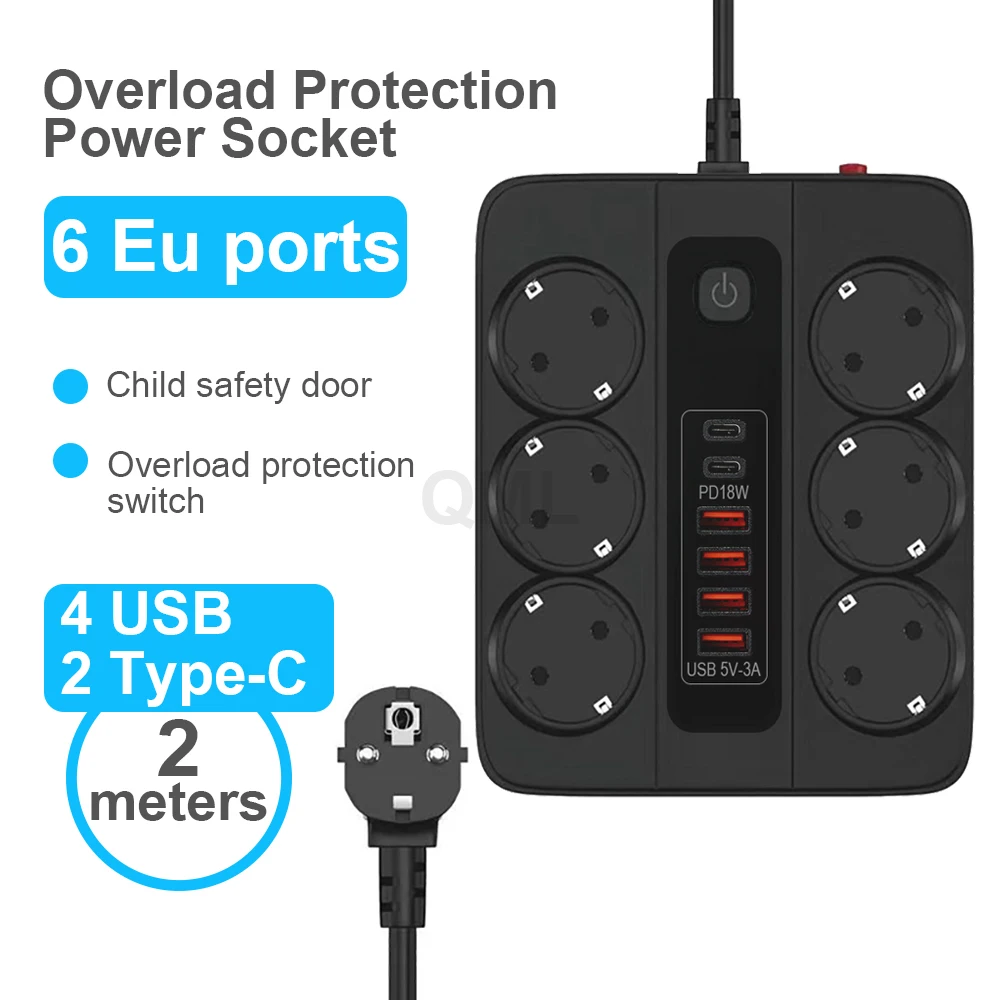 EU Plug 6 AC Output European Power Strip 3000W 2M Extension Wire Power Socket Board Home Office Surge Protector Network Filter