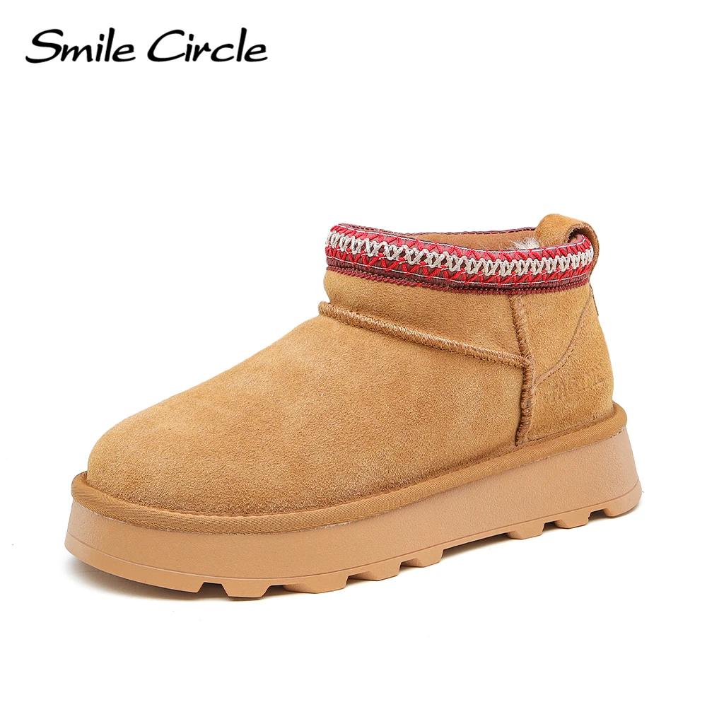 Smile Circle Tasman Mini Snow Boots Women Cow Suede Leather Warm Natural Wool Round Toe Winter Ankle Boots