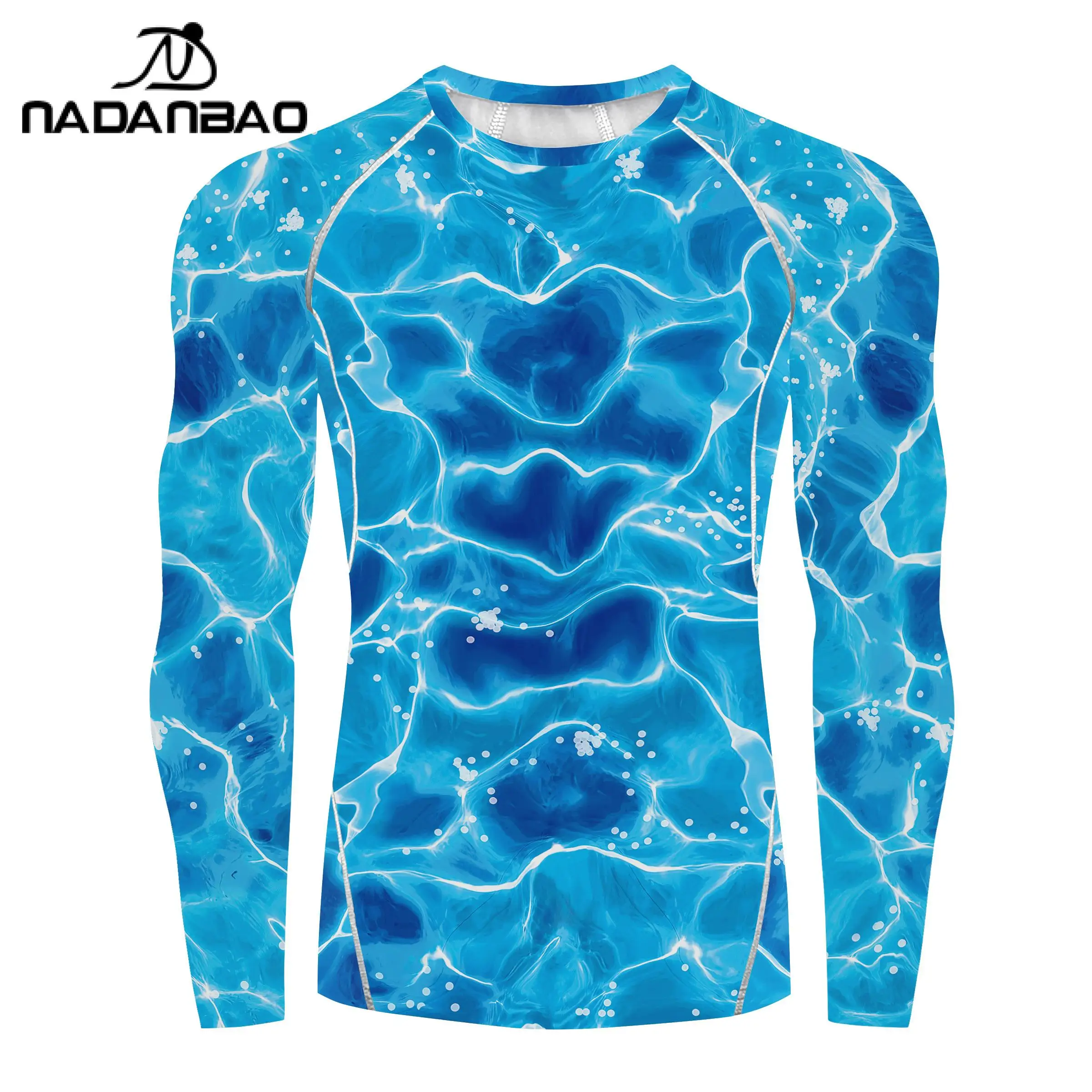 Nadanbao Men\'s Swimwear Gym Top Blue Water Printing Swimsuits Party Long Sleeve Beachwear Summer Fitness T-Shirt Surfing Clothes