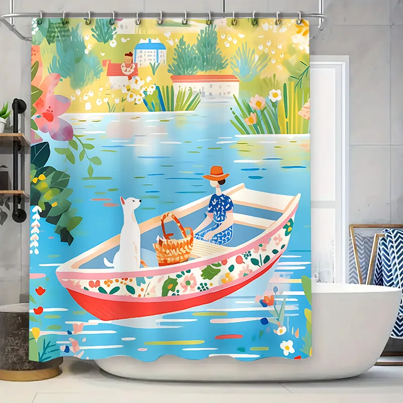 

Занавеска для душа с красочной иллюстрацией для ванной комнаты Яркие акварельные произведения искусства с женщиной и собакой на лодке Водонепроницаемая Прочная