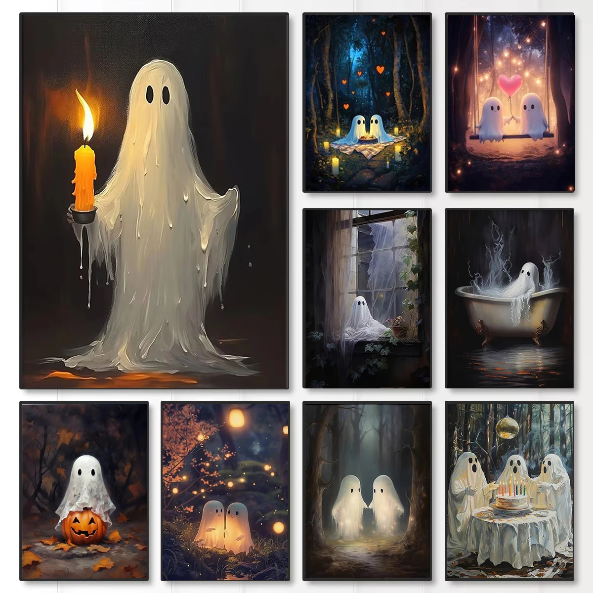 Cute Ghost Picnic Canvas Print Eternal Love Ghost Couple Halloween Wall Art Poster Modern Living Room Valentine's Day Home Decor