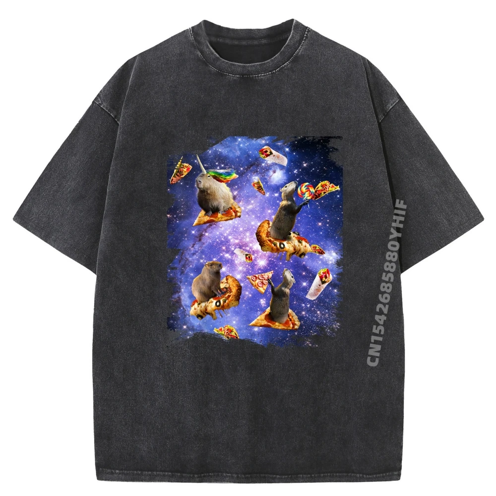 

Space Capybara On Pizza Taco Tees Funny Shirt Men Fashion Graphic T-shirt Street Retro Washed T Shirts