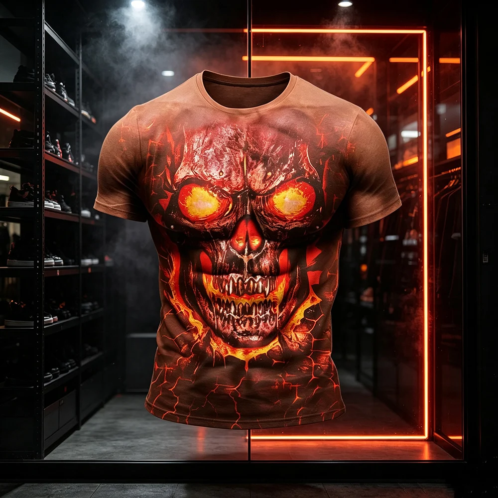 Men's 3D Printed Creative Lava Skull Print T-Shirt Fiery Glowing Skull Graphic Short Sleeve Crew Neck Casual Family Kids Tees