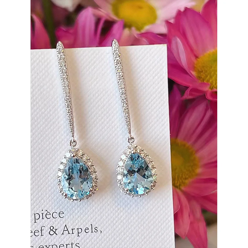 European-American Style 925 Silver 8 * 11 High Carbon Diamond Earrings Sea Blue Treasure Droplet Type 5 Carat Earrings Female in