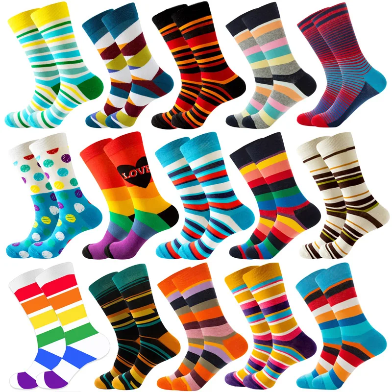 Fashion Color Geometric Striped Men's Socks Hip Hop Harajuku Kawaii High Quality Combed Cotton Skateboard Crew Street Socks