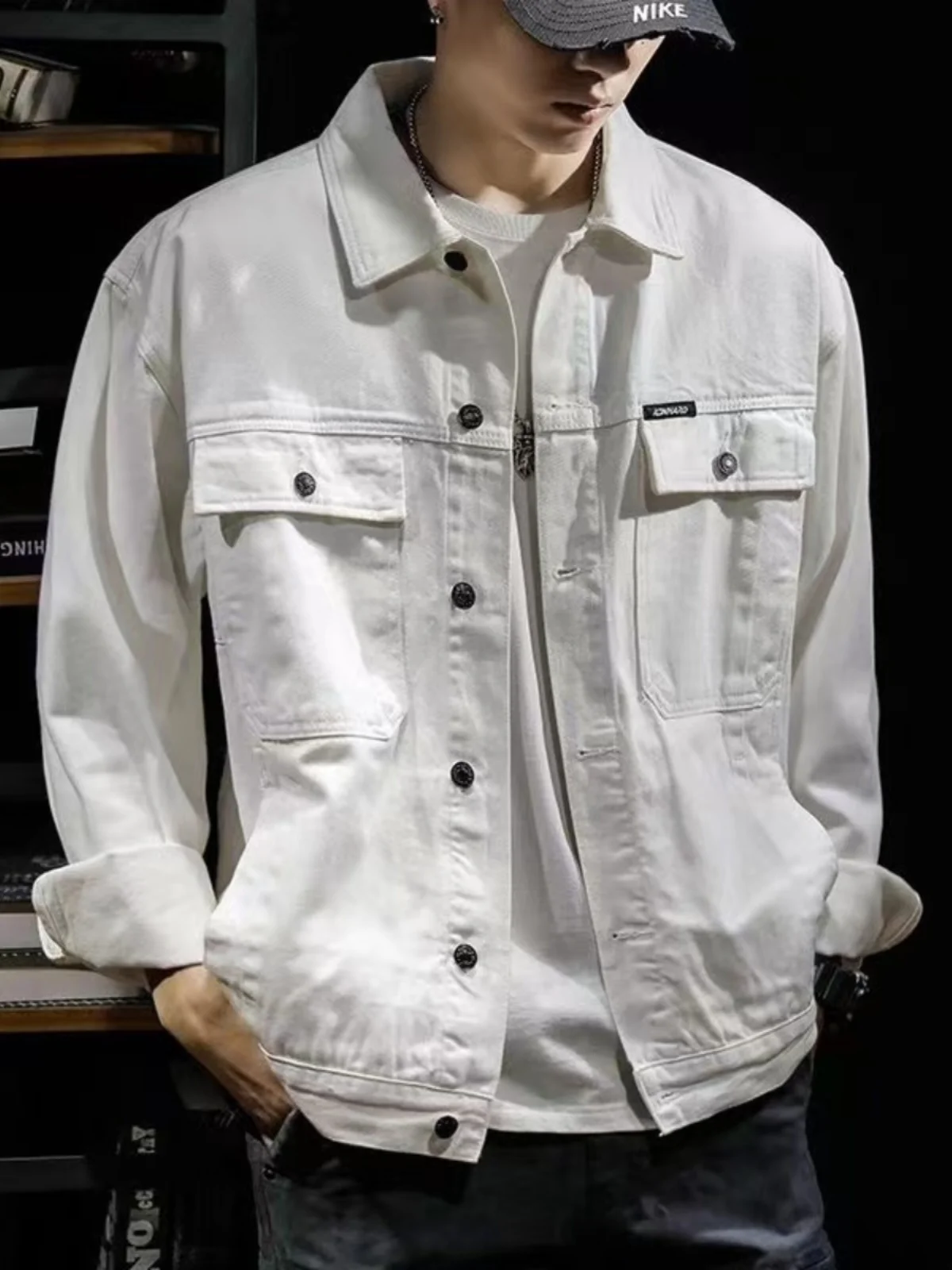 

Ретро-японская свободная джинсовая куртка из чистого белого денима для мужчин, модная повседневная рабочая одежда, верхняя одежда с множеством карманов