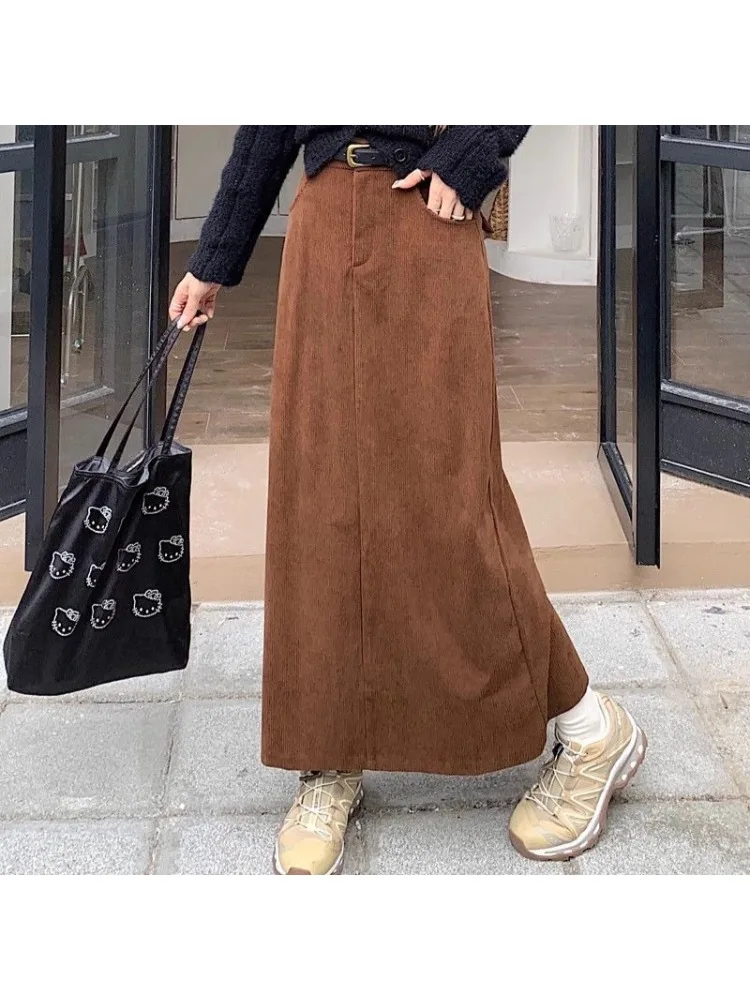 Brown Corduroy Midi Skirt for Women, Autumn and Winter, A-line, High Waist, Straight Tube, Split, Bodycon Skirt.