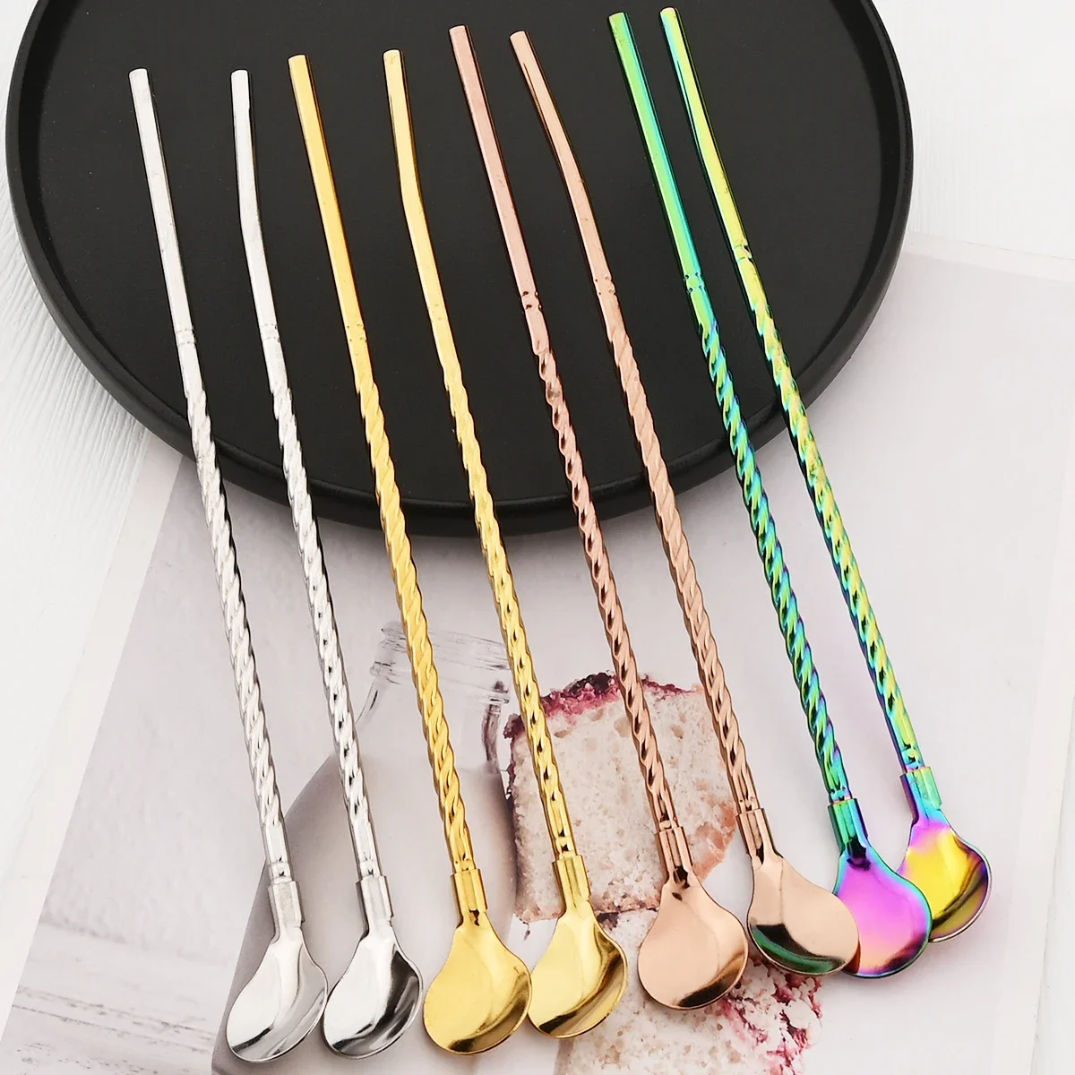 8pcs Milkshakes Cocktails Coffee Juice Straw Set 2-in-1 Stainless Steel Straw Spoon Set Reusable Drinking Straws Bar Accessories