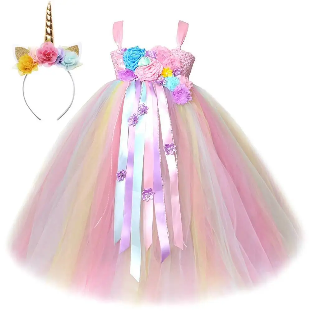 

Pastel Flowers Unicorn Long Tutu Dress for Girls Birthday New Years Carnival Costumes Kids Full Length Princess Tutus with Bow