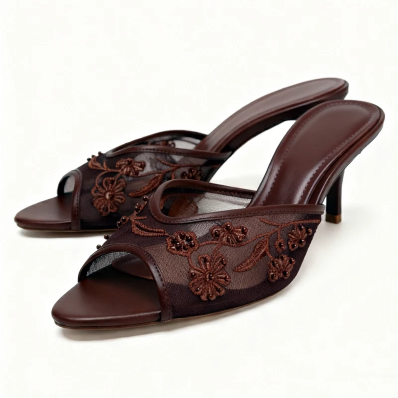 

Luxury String Bead Mesh Embroider Heeled Slippers Women Sexy Pointed Toe Peep Toe Slide Sandals Summer Elegant Designer Shoes