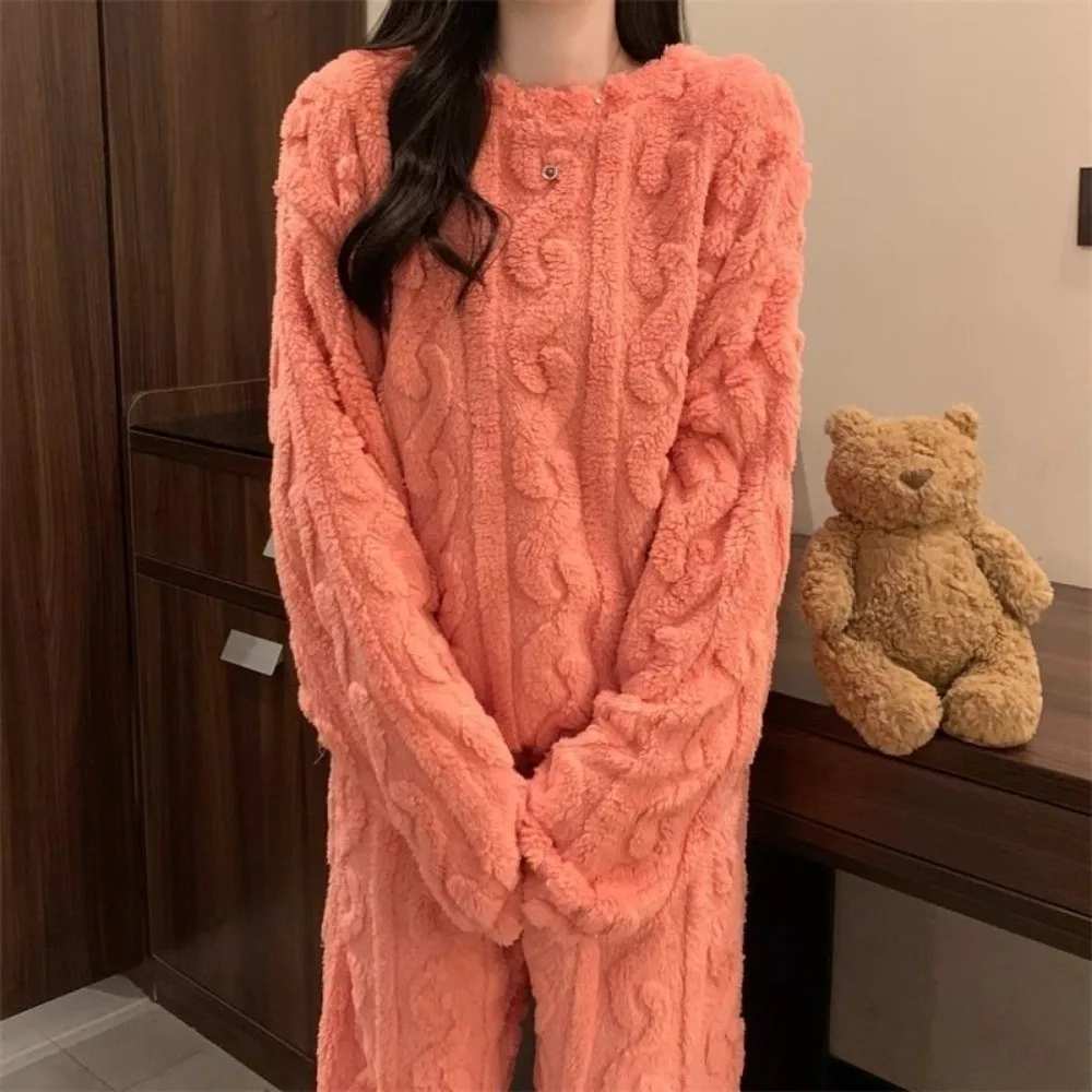 Loungewear Thicken Warm Women Pajama Set Soft Cozy Autumn Winter Fleece Long Sleepwear Simple Thermal Underwear Set Home Wear
